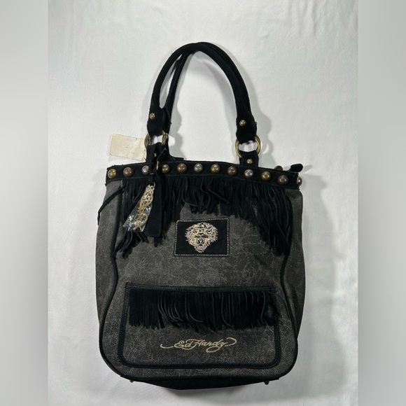 Ed Hardy‎ Satchel Bag Women's Leather Fringe Double Handle Handbag Purse - Picture 1 of 16